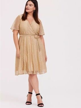 Torrid Metallic Gold Polka Dot Mesh Faux Wrap Dress Size 3x